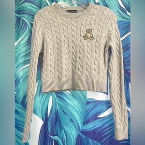 Gray Cable Knit Sweater with Bear Patch